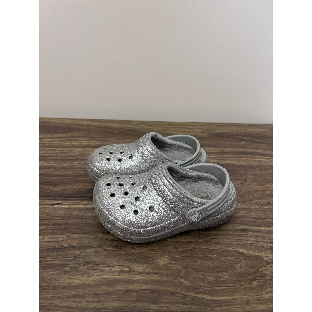 Crocs Classic Glitter Silver Sparkle Fuzzy Lined Clog‎ Unisex Juvenile Size 9